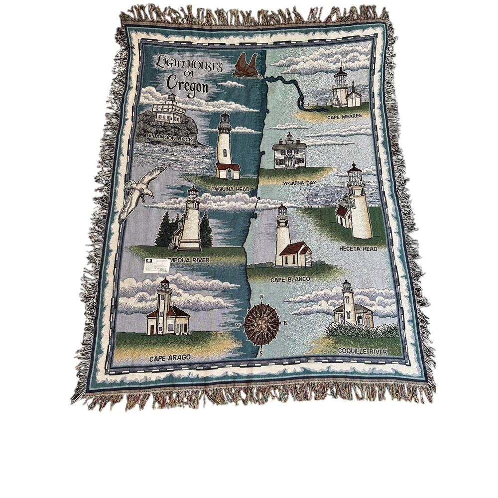 Riddle & Cockrell Oregon Lighthouse Jacquard Woven Cotton Tapestry Throw Blanket